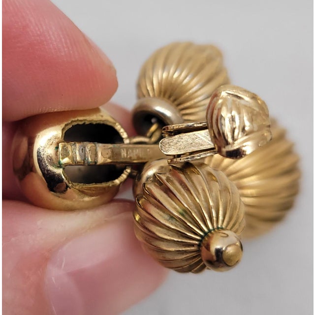 Napier Vintage 1950s Signed Napier Goldtone Ribbed Beaded Clip Earrings - 2 Pieces For Sale - Image 4 of 8