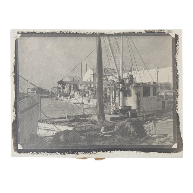 Vintage Eric Weller Gray Tonal Fishing Boats Marina Photograph For Sale
