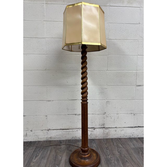 Wood Antique American Jacobean Revival Quarter Sawn White Oak Barley Twist Floor Lamp For Sale - Image 7 of 7