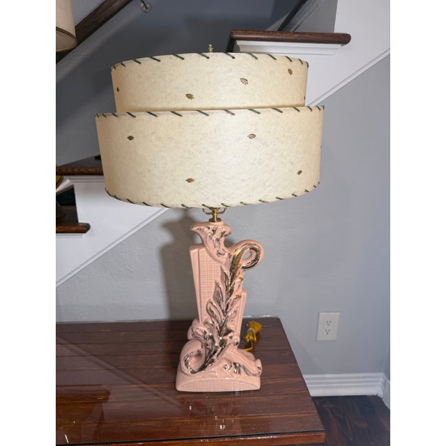 Pink 1950s Mid-Century Modern Pink and Gold Swirl Leaf Ceramic Table With Matching Original 2 Tiered Fiberglass Shade With Matching Gold Leave For Sale - Image 8 of 12
