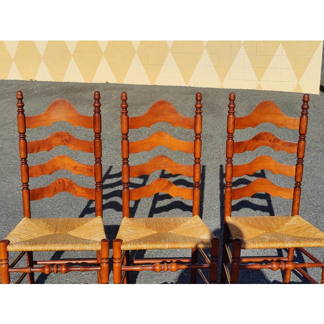 Mid 20th Century Ethan Allen Heirloom Nutmeg Maple Colonial Early American Ladder Back Dining Side Chairs Set of 3 For Sale - Image 9 of 10