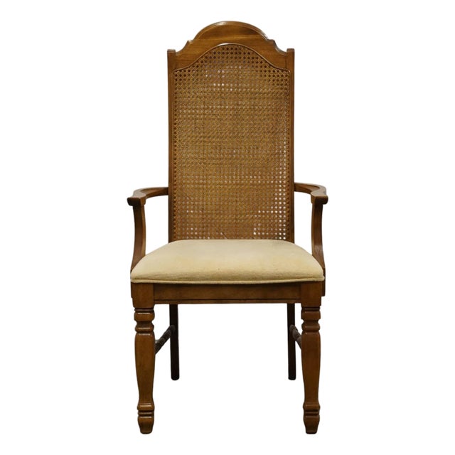 Singer Furniture Solid Pecan Italian Mediterranean Style Cane Back Dining Arm Chair For Sale