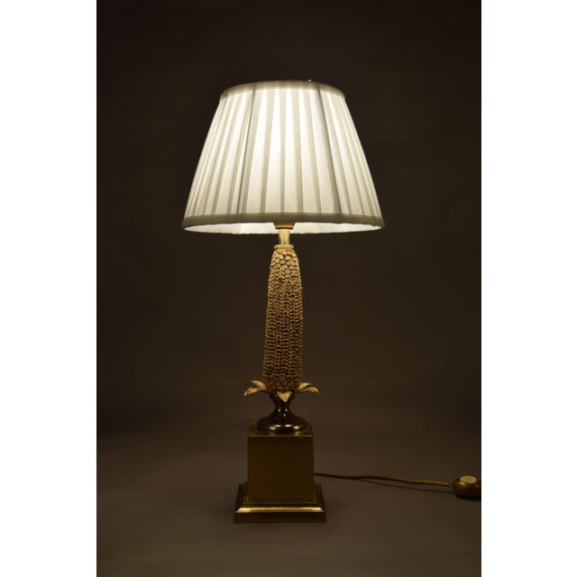 Brass Corn Table Lamp with White Pleated Shade, 1970s For Sale - Image 11 of 14