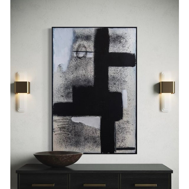 Original abstract painting by J. Kent Martin in black, white, and gray with intersecting geometric forms. Contradiction...