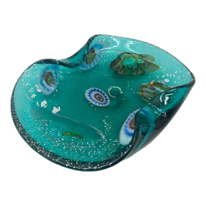 1960s Murano Aqua Teal Centerpiece Bowl With Controlled Bubbles and Millefiori Inclusions