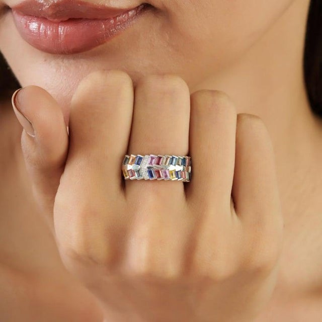 Red 2.3 Ct Modern Multi Sapphire & Diamond Band Ring in 925 Sterling Silver, Size 6 For Sale - Image 8 of 14