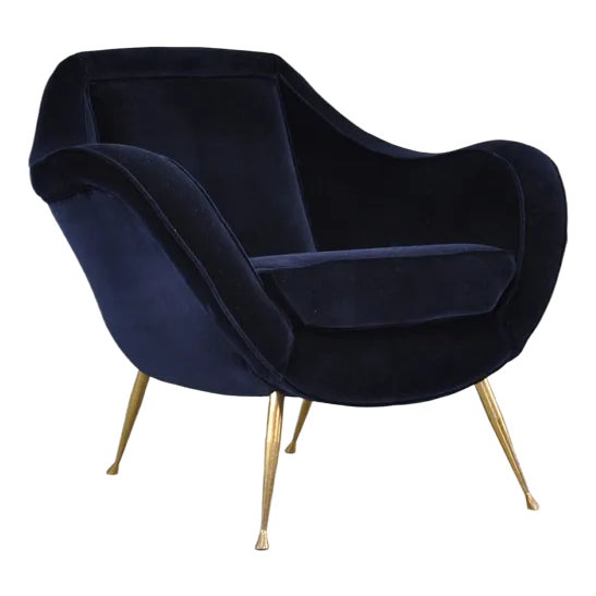Velvet & Brass Armchair, 1950s For Sale