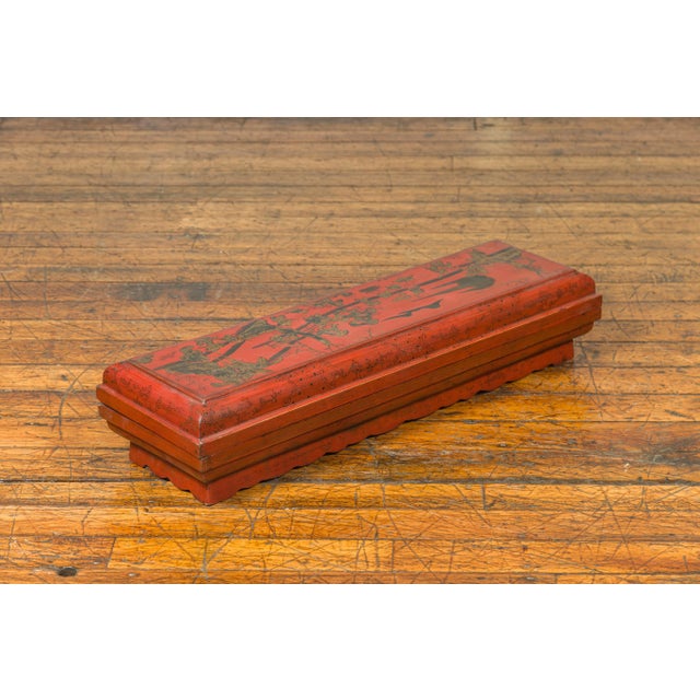 Chinese Qing Dynasty Red Lacquered Scroll Box with Distressed Gold Chinoiserie For Sale - Image 4 of 13