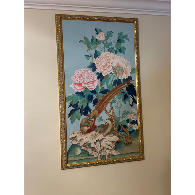 1990s Chinoiserie Oil on Silk Painting of Birds With Lotus Blooms by Chelsea - a Pair For Sale - Image 9 of 18