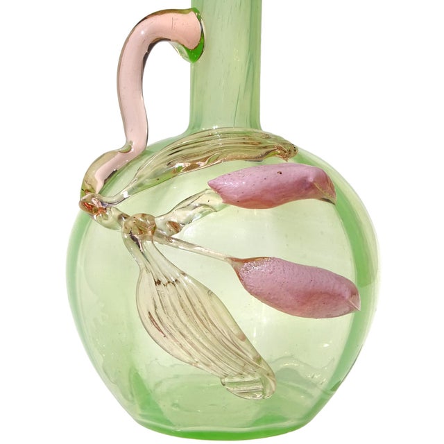 Green Antique Vaseline Uranium Reactive Glass Art Glass Flower Vase With Applied Vine Leafs and Flower Buds For Sale - Image 8 of 11