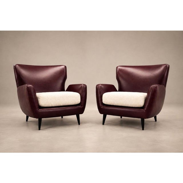 Burgundy Pair of Brazilian Modernist Armchairs in Hardwood, Burgundy Leather & Bouclé by Carlo Hauner, Brazil, 1950s - Lot 466B For Sale - Image 8 of 18