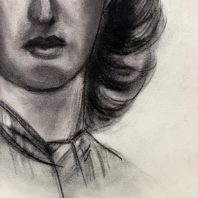 Vintage Black and White Charcoal Portrait Drawing of a Woman With Curled Hair For Sale In Oklahoma City - Image 6 of 8