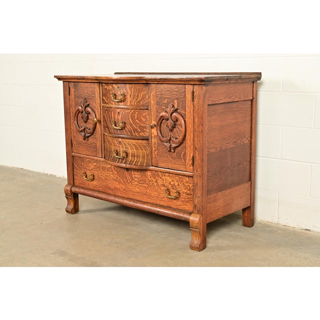 Victorian Antique Victorian Carved Tiger Oak Sideboard or Bar Cabinet, Circa 1890s For Sale - Image 3 of 16