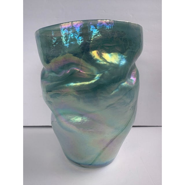 Mid 20th Century Iridescent Aqua Art Glass Vase With Asymmetrical Sculptural Form For Sale - Image 4 of 8