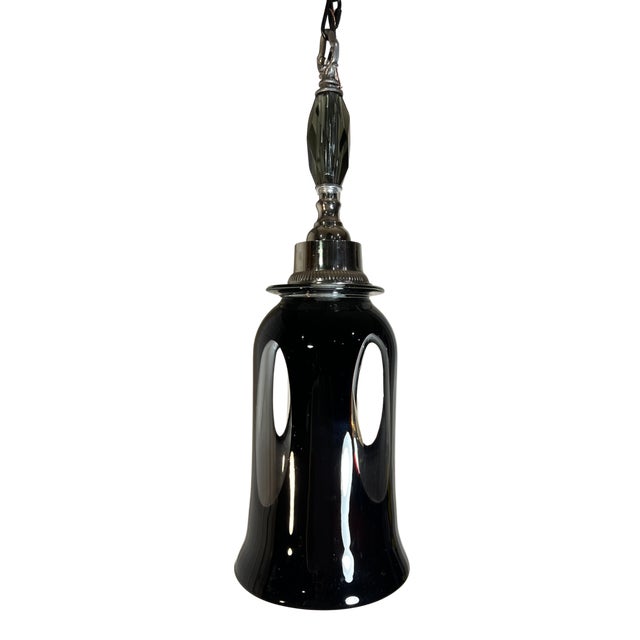 Late 20th Century Vintage Murano Black Window Pane Art Glass Chrome Pendant Light For Sale - Image 5 of 18