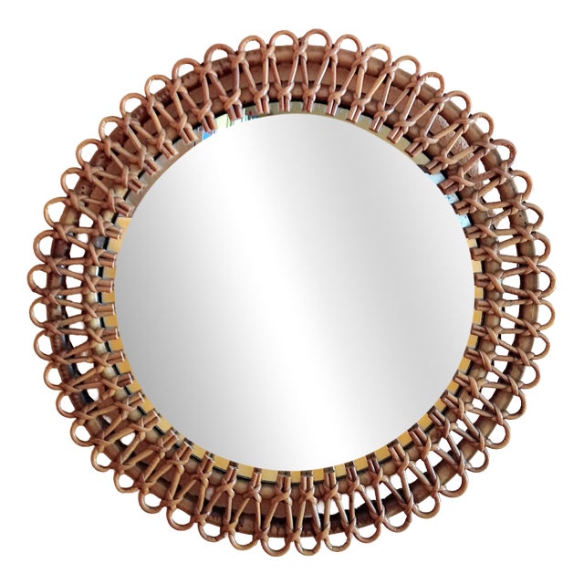 Rattan and Bamboo Round Mirror attributed to Franco Albini, 1960s For Sale