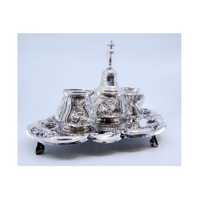 Silver Inkwell in Relief Silver with Two Tanks and Bell, Set of 6 For Sale - Image 8 of 10