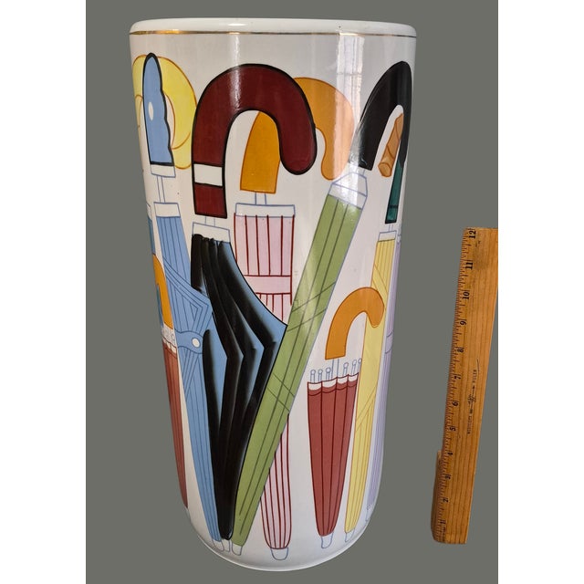 Vintage Whimsical Painted Colorful Ceramic Umbrellas Design Umbrella Stand For Sale - Image 4 of 8