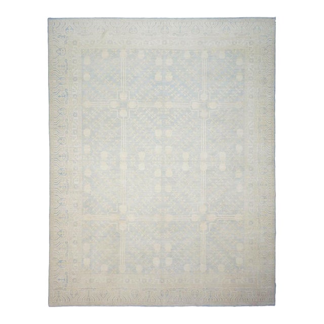 Afghan Khotan Wool 11X14 Ivory & Blue Handmade Area Rug #1142201 For Sale