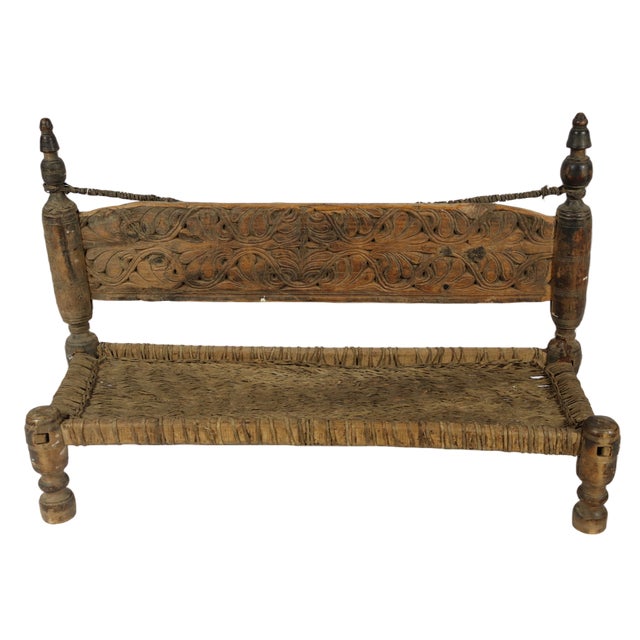 Low 2-Seater Cedar Chair, Nuristan, Afghanistan, 1890s For Sale