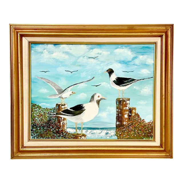 1982 Vintage Coastal Impressionists Original Oil Painting, Pelicans on the Dock by Jay Brown For Sale