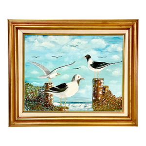 1982 Vintage Coastal Impressionists Original Oil Painting, Pelicans on the Dock by Jay Brown.