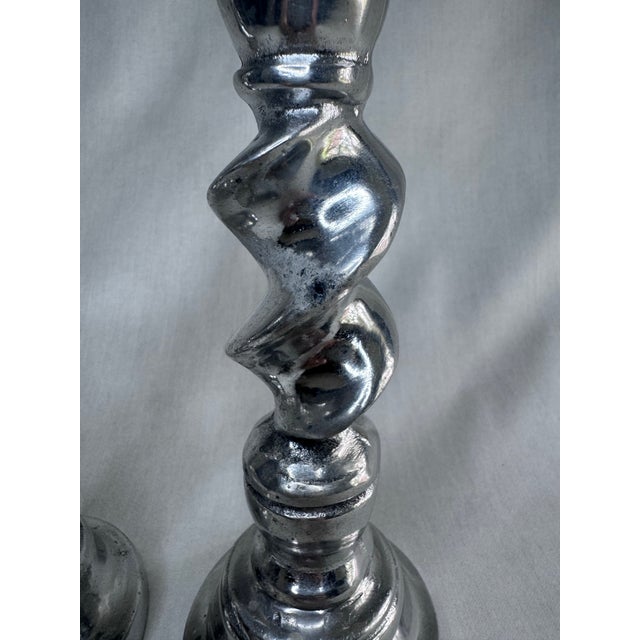 Metal Vintage English Traditional Barley Twist Small Silver Tone Candlesticks, a Pair For Sale - Image 7 of 11