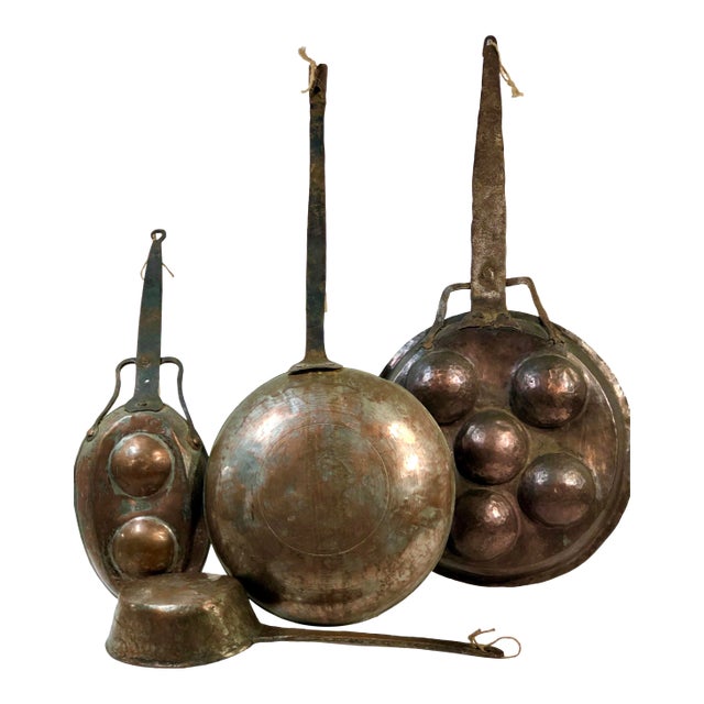 Copper Wall Hanging Antique Hand Crafted Cooking Utensils, Signed - Set of 4 For Sale