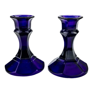 Cobalt Blue Glass Table Top Candle Holders - a Pair