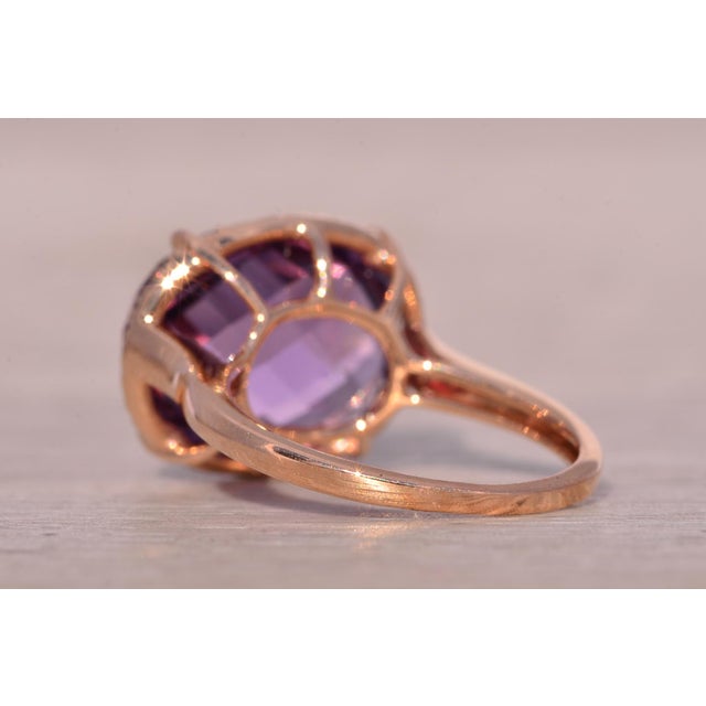 The Nelle: Checkerboard Cut Natural Amethyst and Diamond Halo Ring in Rose Gold For Sale In Philadelphia - Image 6 of 11