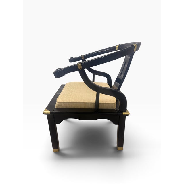Vintage Spanish Chinoiserie Black Lacquer & Brass Horseshoe Chair, James Mont Style For Sale In Miami - Image 6 of 13