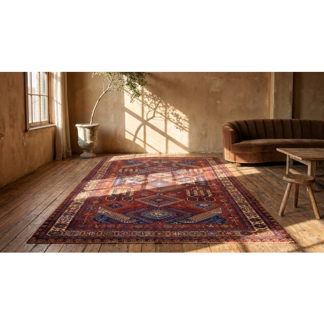 Raspberry Red Outstanding Red Rust Color With Geometric Design Antique Caucasian Sumak Rug For Sale - Image 8 of 8