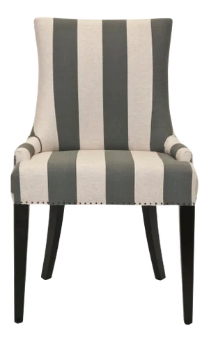19''H Stripe Linen Dining Chair in Flat nailheads in Grey & Bone & Espresso