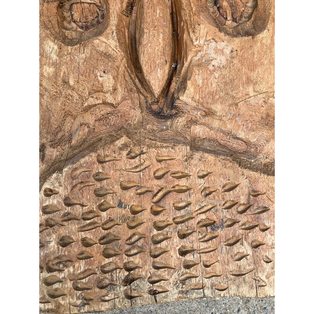Folk Art 1970’s Large Carved Wood Owl Folk Art Heavy Wall Plaque Signed For Sale - Image 3 of 6