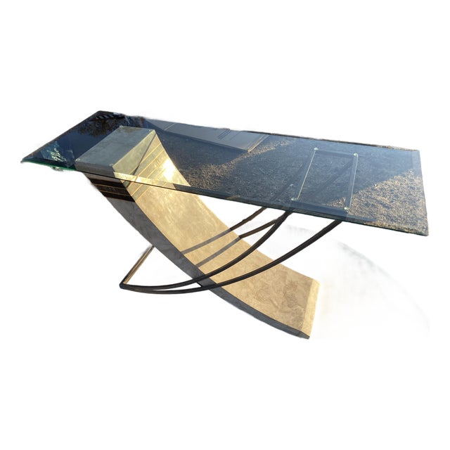 Vintage Postmodern Tessellated Stone & Glass Sculptural Console Entry Table For Sale
