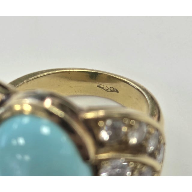 Vintage Italian 18k Gold 10 Carat Turquoise Oval and 2.32 Carats Diamond Ring, Size 6 For Sale In Los Angeles - Image 6 of 6