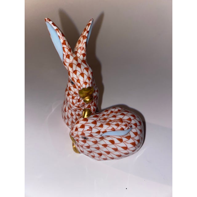 No noted breaks Adorable! A very Charming Herend porcelain figurine of a pair of rabbits painted in the rust red fishnet...