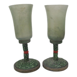 Antique Chinese Floral Enamel Green Jade & Agate Wine Cup Goblet Pair