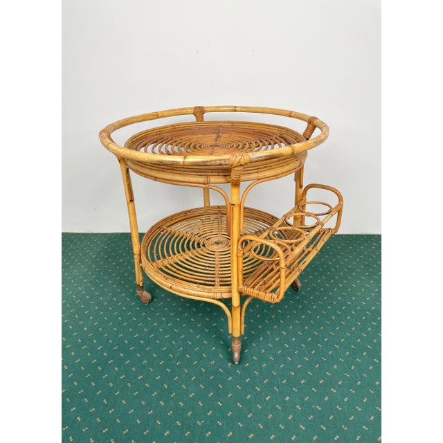 1960s Bamboo & Rattan Round Serving Bar Cart Trolley, Italy, 1960s For Sale - Image 5 of 15