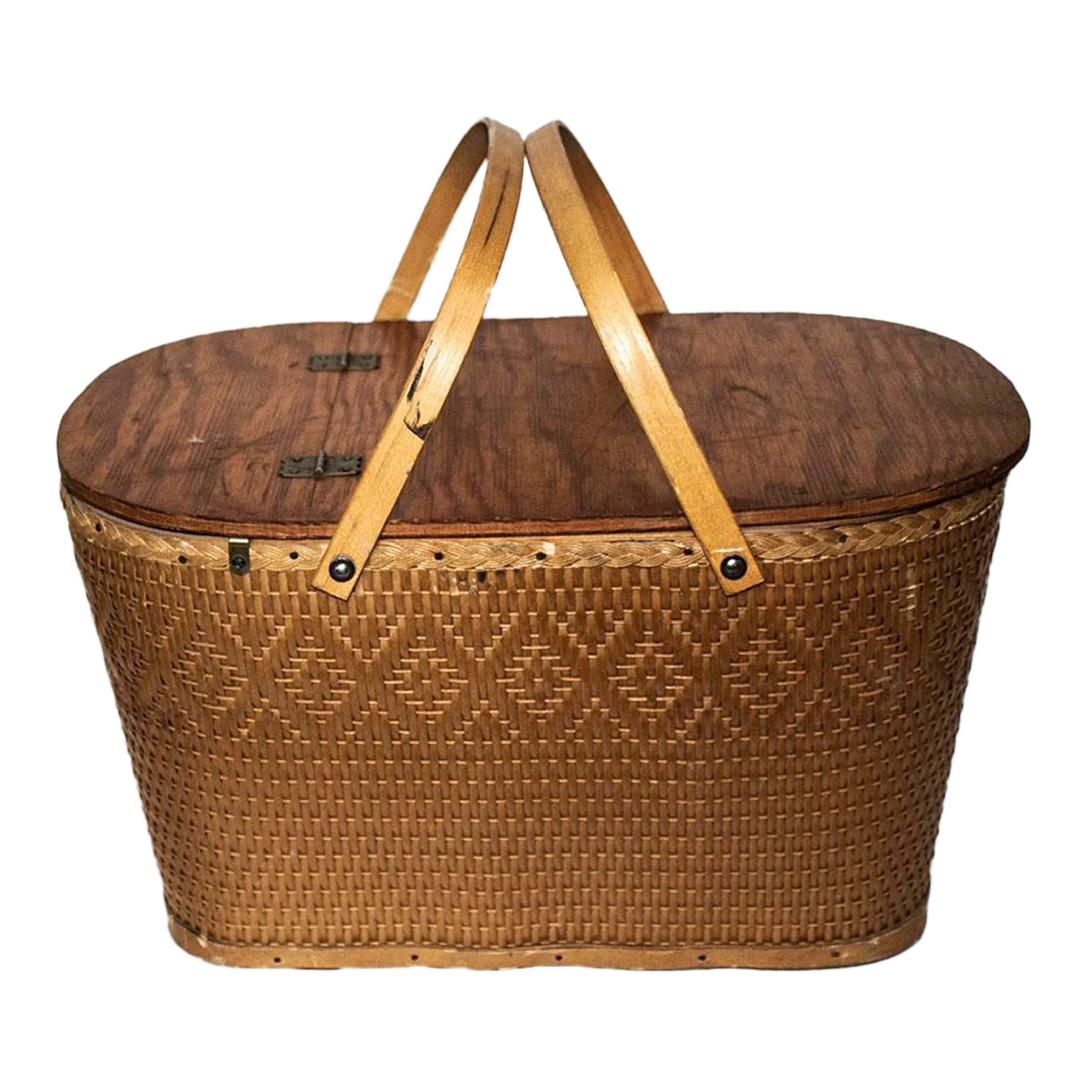 Vintage Red-Man Redmon Woven Picnic Basket - Handles & Lid | Chairish