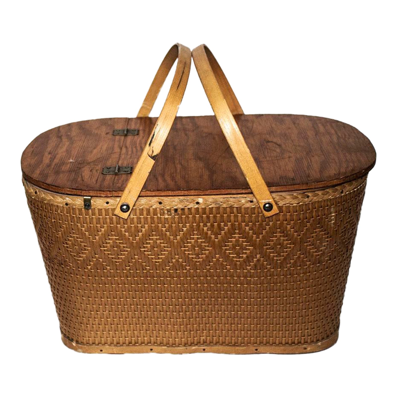 Vintage Red-Man Redmon Woven Picnic Basket - Handles & Lid | Chairish