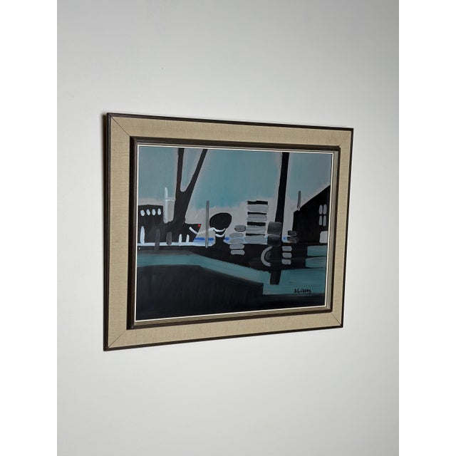 Original swedish oil on panel – “midnight harbour” by b. Sjöberg – signed – framed – 63 × 52 cm (24.8" × 20.5") a swedish...