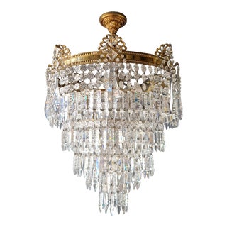 1930s Art Deco Low Plafonnier Brass Crystal Chandelier Ceiling Lamp For Sale