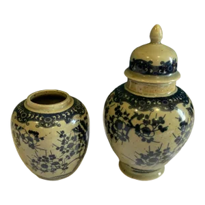 Vintage Asian Gray & Blue Urn & Vases- Set of 2