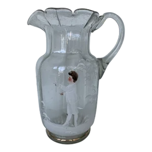 Vintage Bohemian Victorian Mary Gregory Handblown Glass Scalloped Rim Footed Pitcher