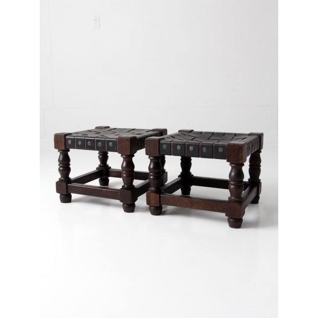 Mid-Century Spanish Revival Leather Strap Stools Pair For Sale - Image 15 of 15