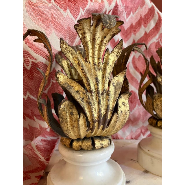 Gold Italian Renaissance Gilded Iron Candleholders on Carrara Marble Sockles, Set of 2 For Sale - Image 8 of 11