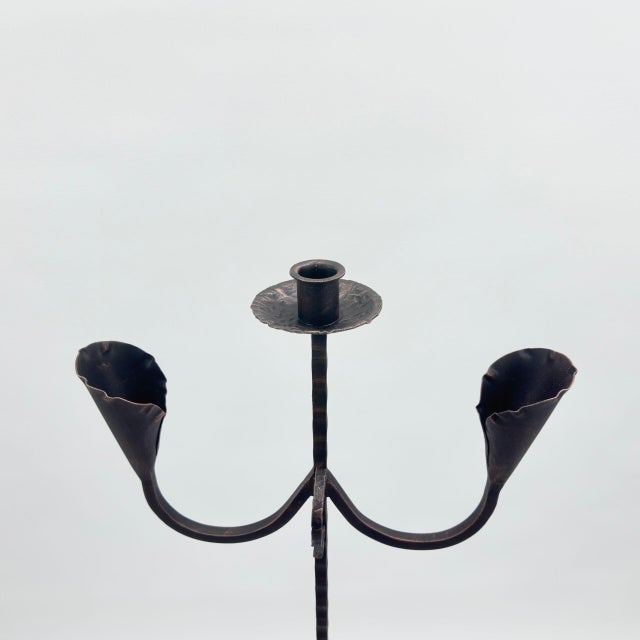 Hand Forged Iron Candelabra 48″ (123cm) Antique Copper or Gold Patina 3-Arm Lily Cup Candle Holder Rustic Wedding Decor For Sale - Image 4 of 9
