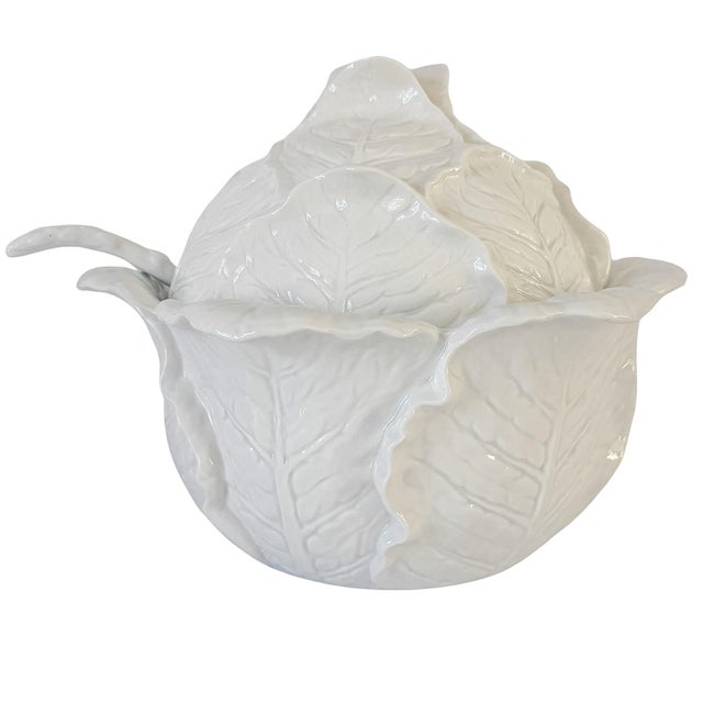 Rare Vintage Fitz and Floyd White Cabbage Leaf Soup Tureen With Asparagus Ladle For Sale - Image 11 of 12