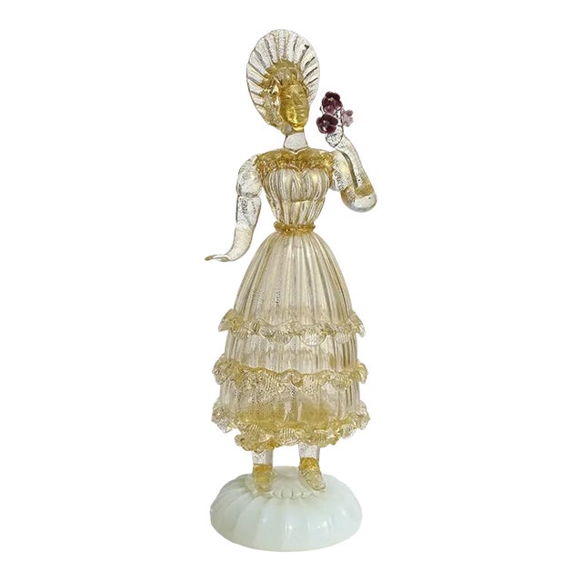 Murano Antique Queen in Gold Leaf Holding Flowers Italian Art Deco Glass Woman Sculpture Figure For Sale